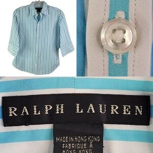 Ralph Lauren Black Label Womens Button Down Stripe Slim Fit Medium 3/4 Sleeve